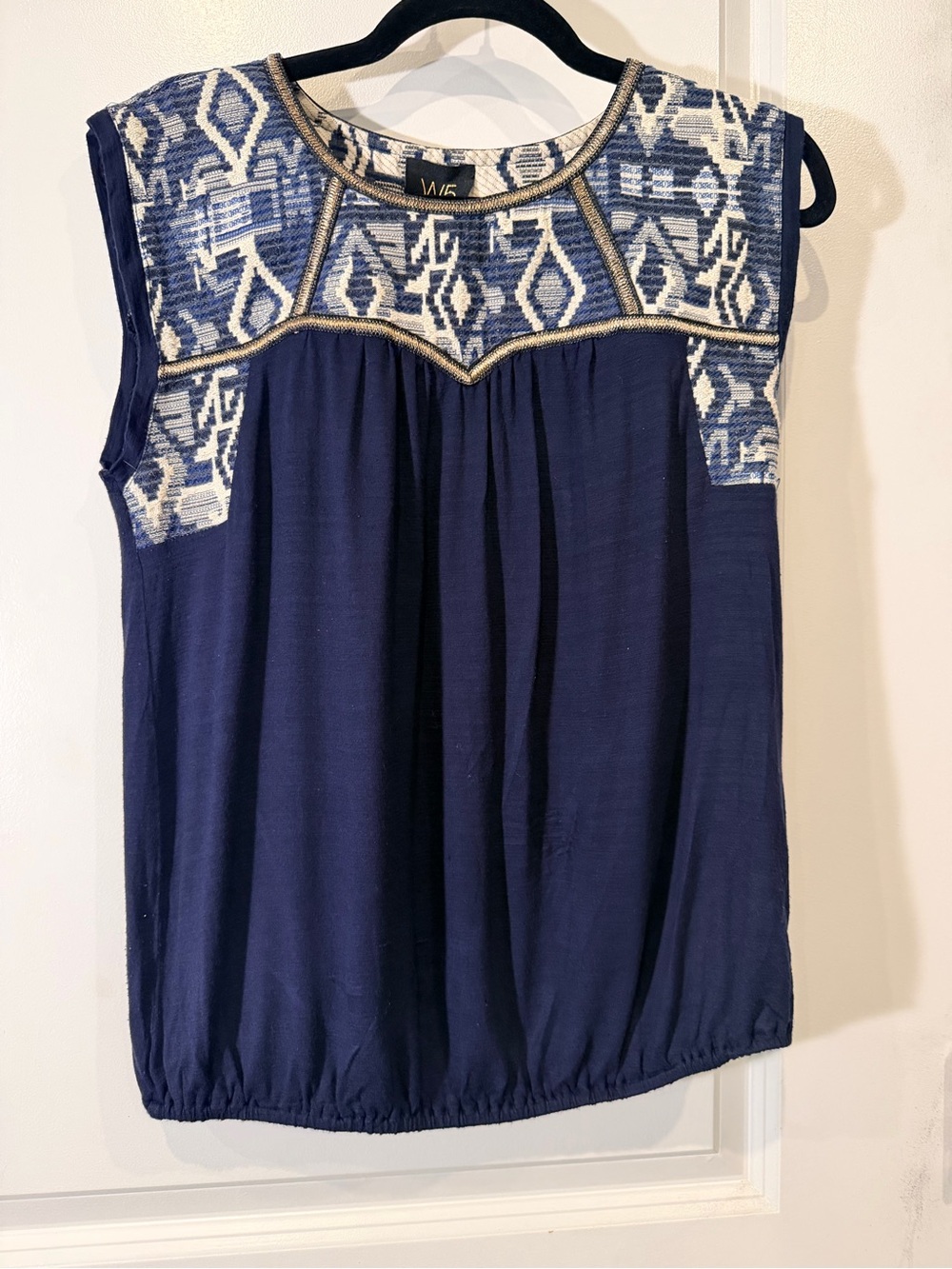 Anthropologie Navy Embroidered Yoke Sleeveless Camisole with Gold Trim